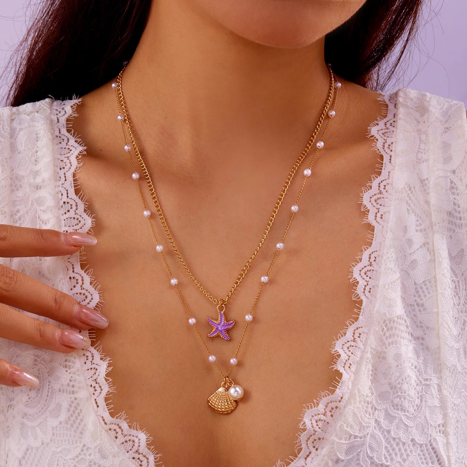 Double Layered Sea Shell and Starfish Boho Necklace