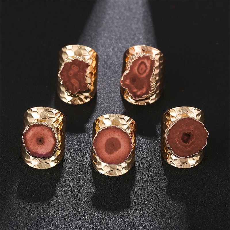 Boho Irregular Natural Stone Agate Slices Sunflower Wide Open Ring for Women Gold Plated Resizable Finger Jewelry - Charlie Dolly