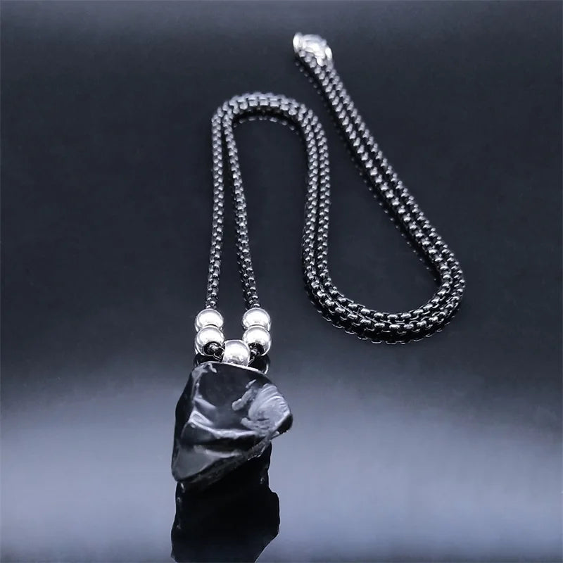 Boho Obsidian Natural Stone Bead Lucky Necklace Pendant Women Stainless Steel Black Color Chain Necklace Fashion Jewelry NGG47-1 - Charlie Dolly