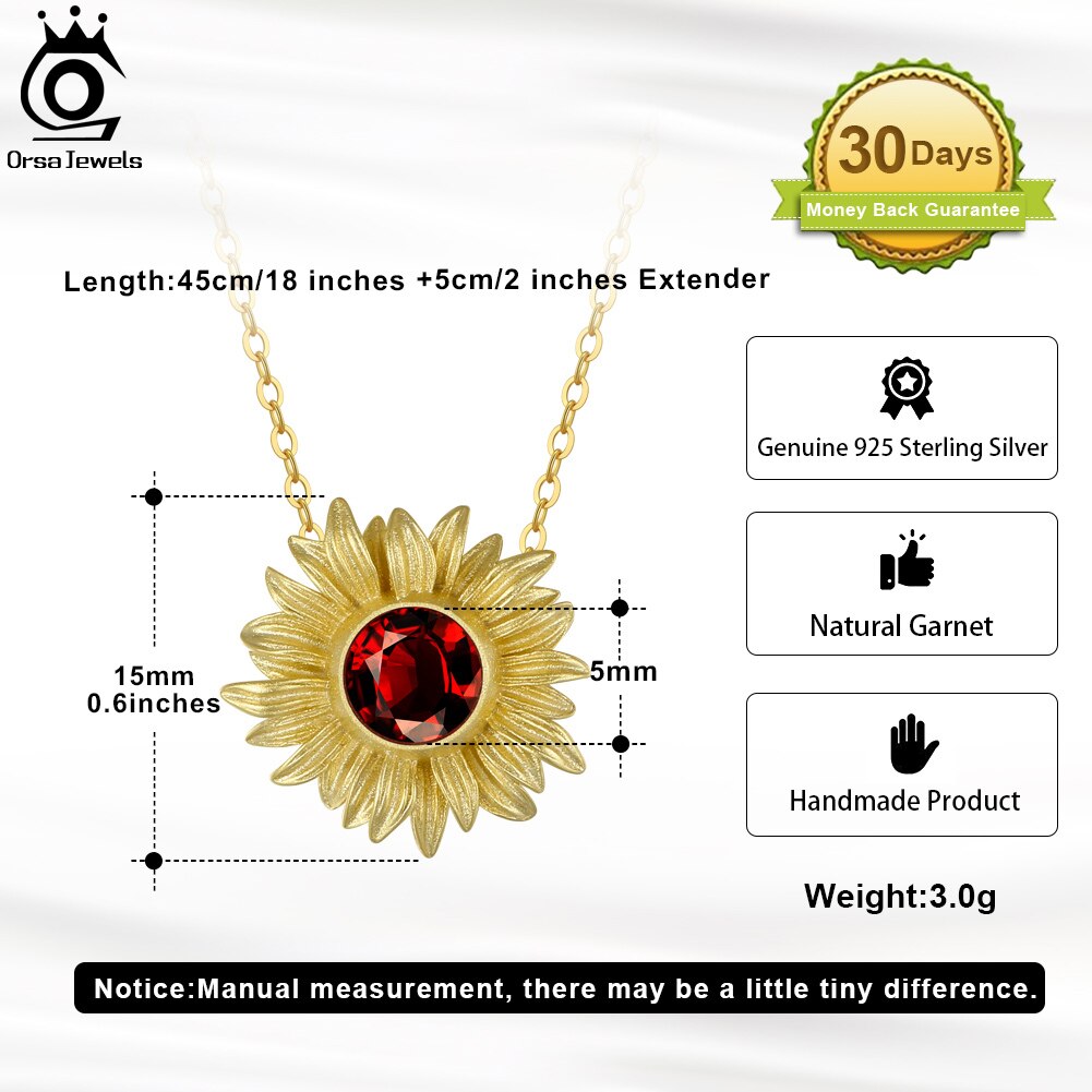 ORSA JEWELS Genuine Natural Garnet 925 Silver Sunflower Design Pendant Necklace for Women Fashion Gemstone Jewelry Gift GMN22