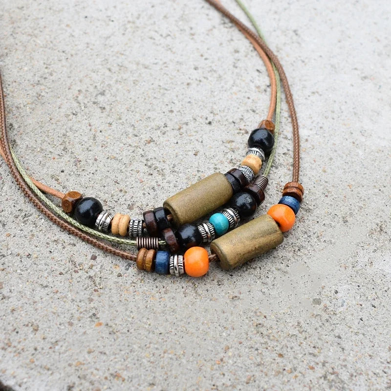 Wood Bead Wax Rope Multilayer Necklace Jewelry