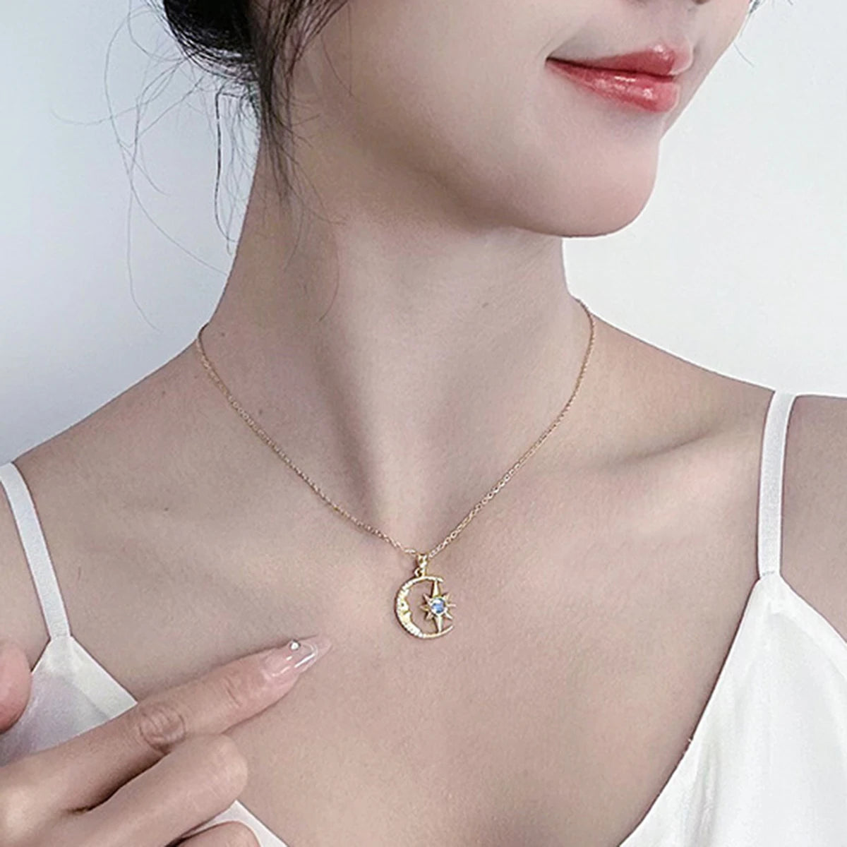 Stainless Steel Moon & Star Zircon Pendant Necklace, Delicate Celestial Chain