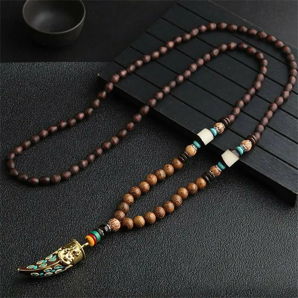 Nepal Wood Bead Tassel Sweater Chain Necklace Jewelry