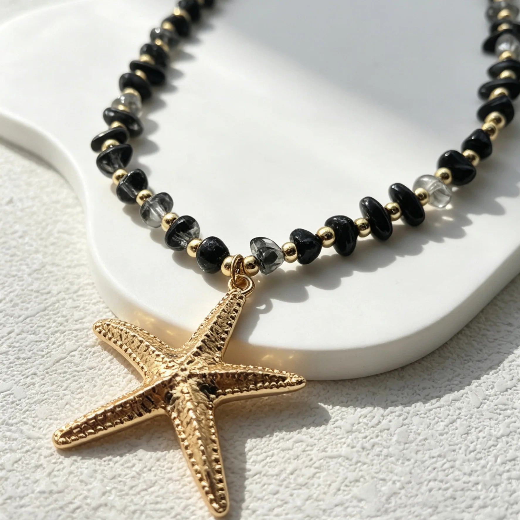 2026 Vintage Boho Colorful Natural Stone Beaded Necklace Gold Starfish Pendant Choker Summer Beach Vacation Party Jewelry Gift - Charlie Dolly