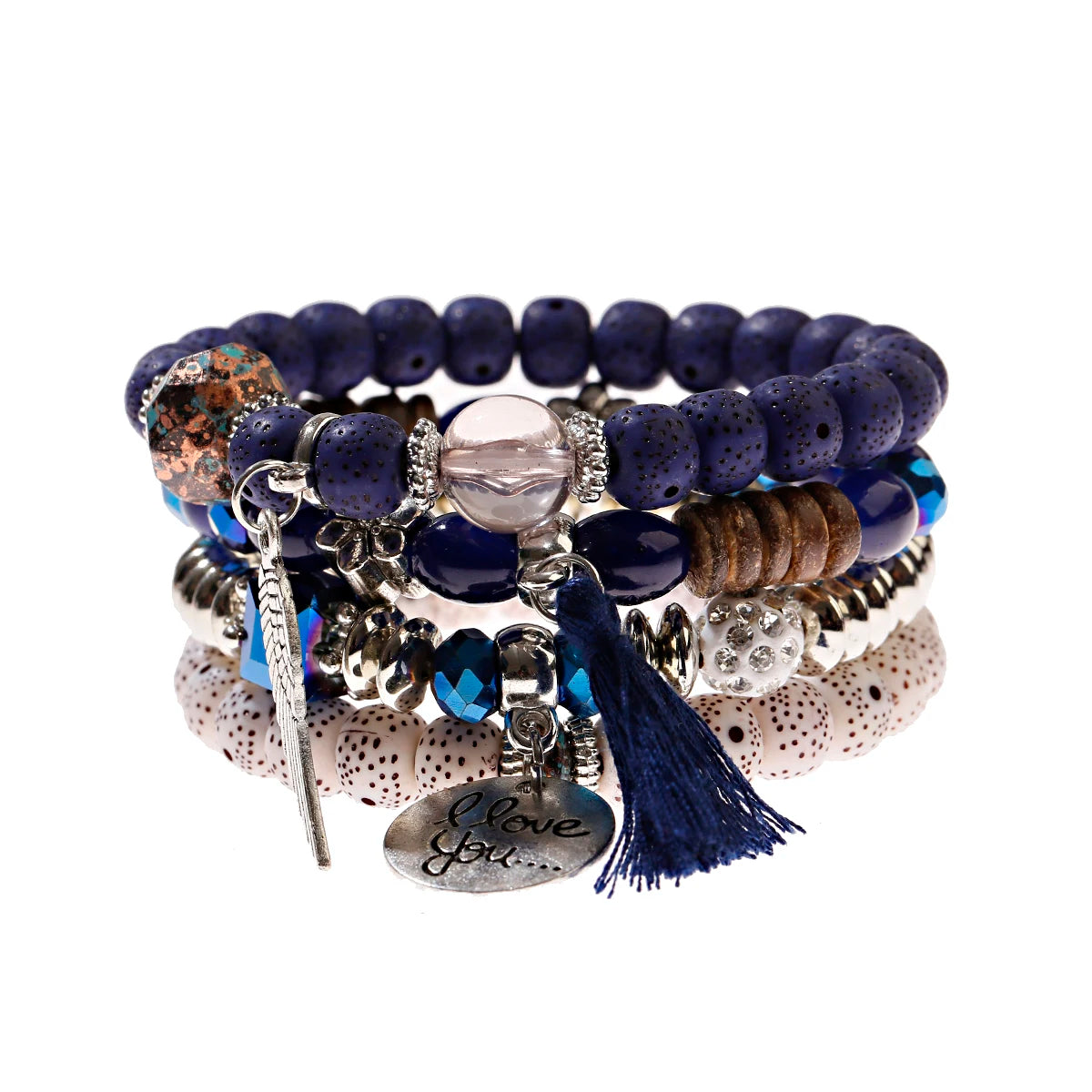 New Bohemian White Beads Tassel Bracelets Set Women Natural Lava Stone Alloy Wing Pendant Charm Bangle Boho Jewelry - Charlie Dolly