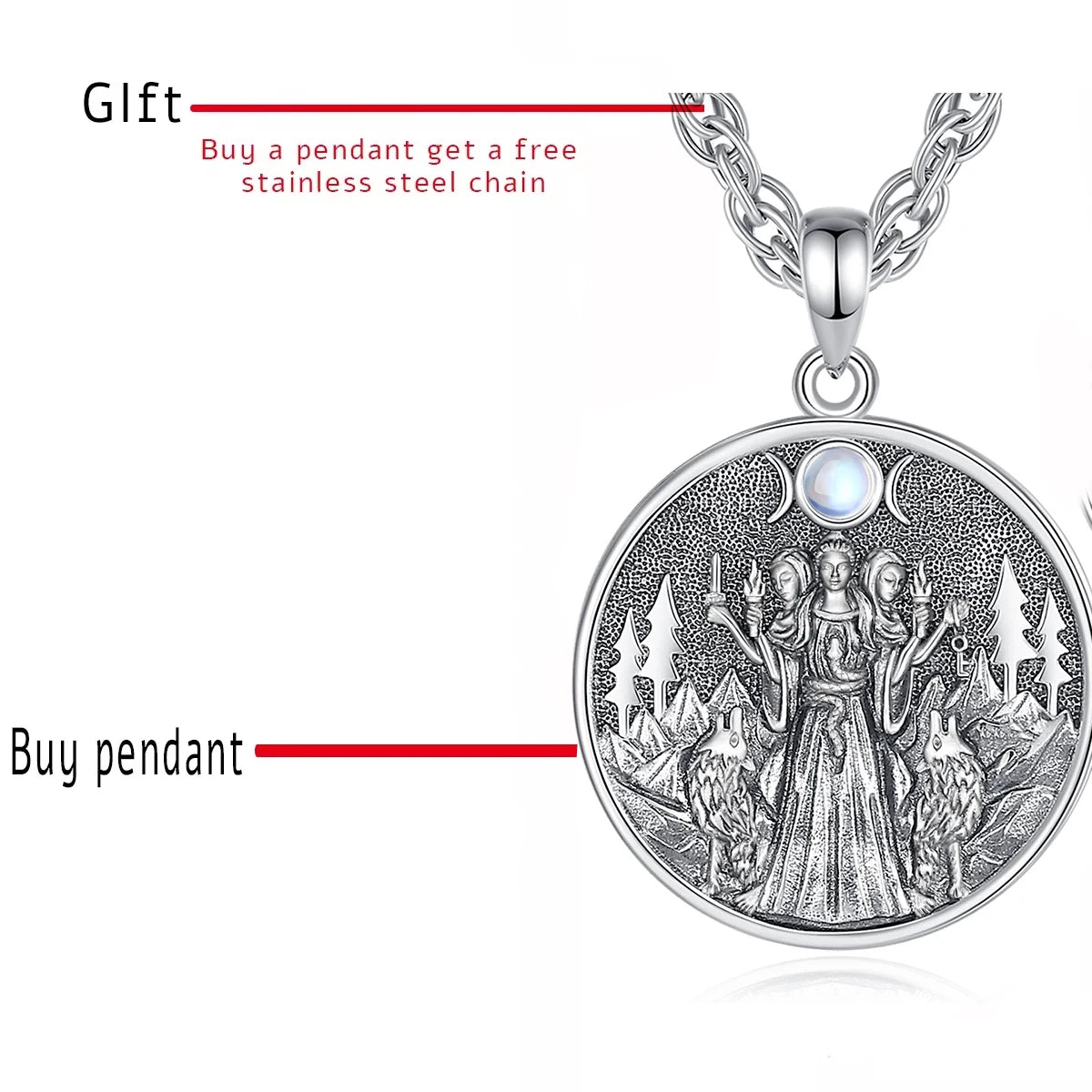 S925 Sterling Silver Hecate & Dog Pendant Necklace, Triple Moon Goddess Moonstone Amulet
