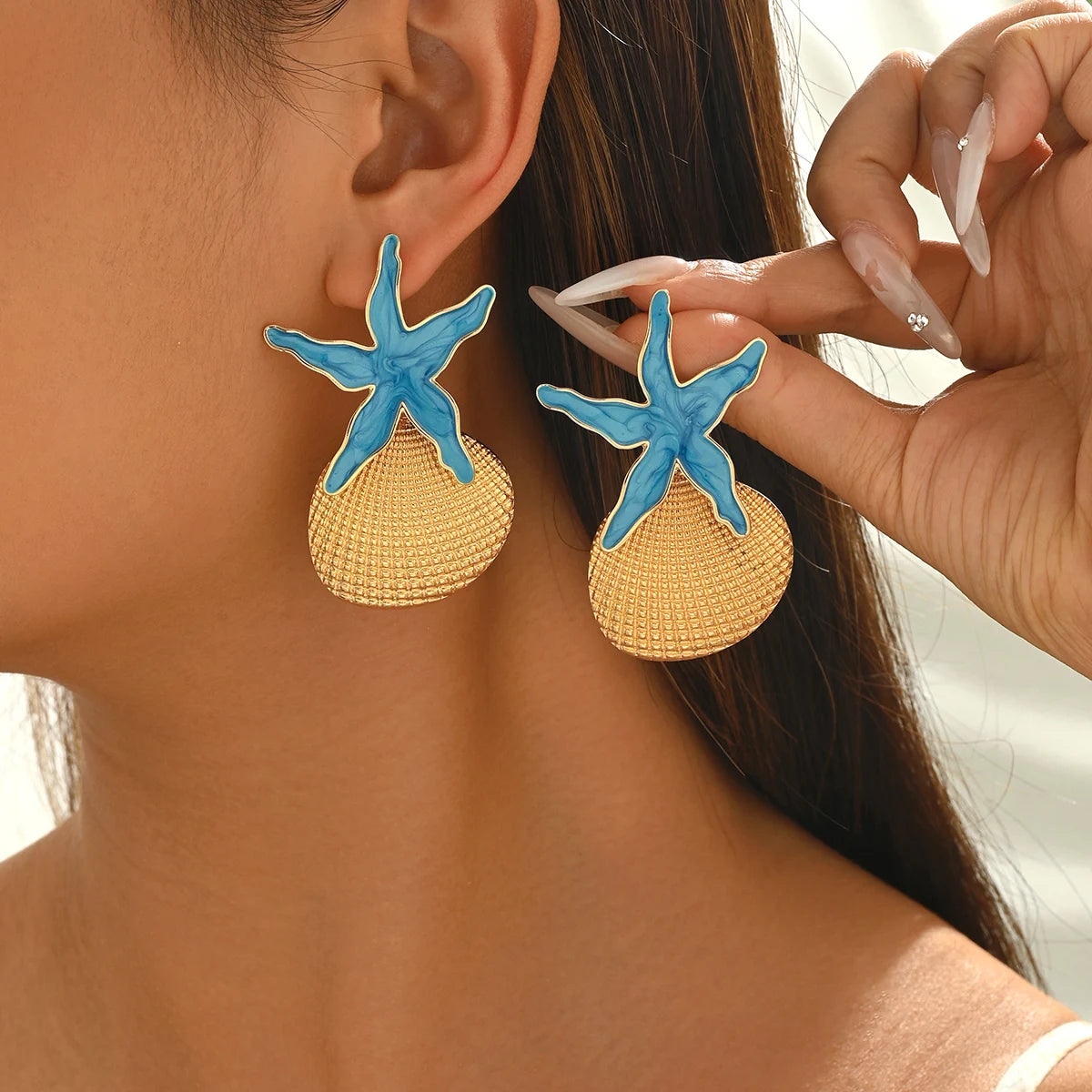 Enamel Starfish and Shell Drop Earrings