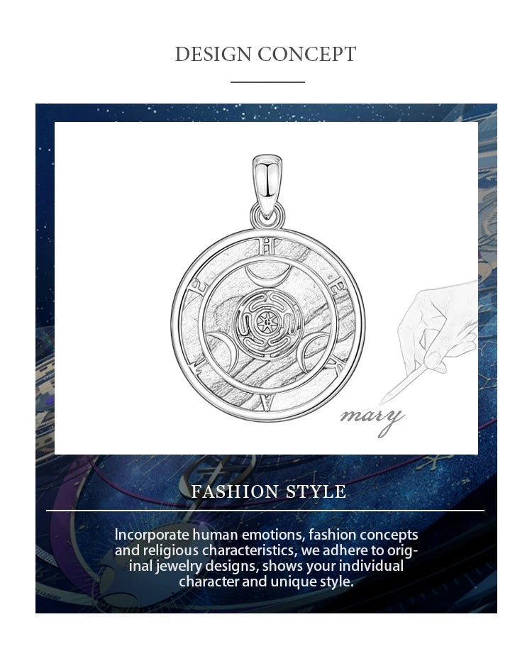 S925 Sterling Silver Hecate Wheel Pendant Necklace, Abalone Triple Moon Goddess Wiccan Amulet
