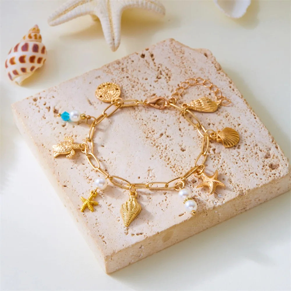 Pearl, Shell and Starfish Gold Tassel Boho Bracelet