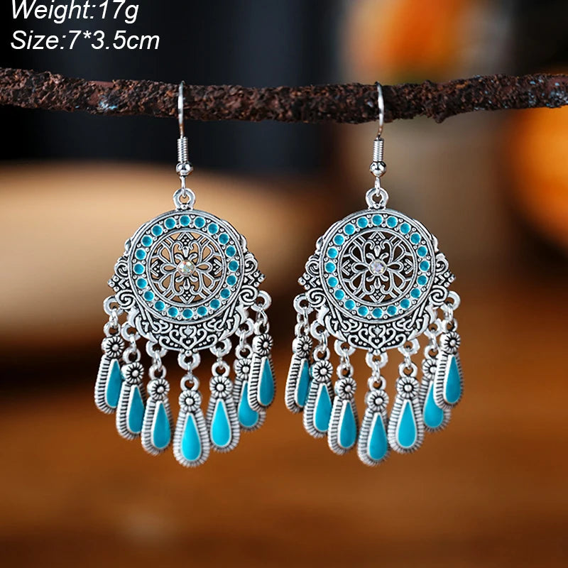 Blue Enamel Feather Crystal Long Earrings Jewelry