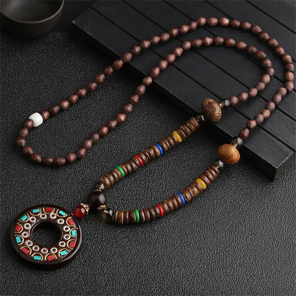 Nepal Wood Bead Tassel Sweater Chain Necklace Jewelry