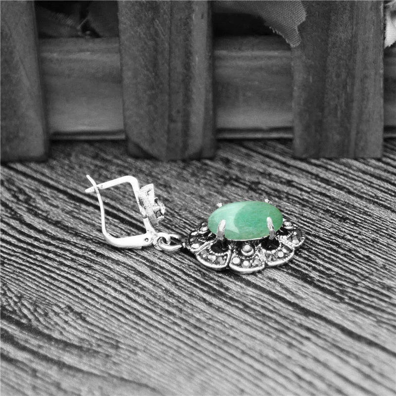 Vintage Plumflower Natural Jades Quartz Earrings For Women Antique Silver Plated Lapis Lazuli Tiger Eye Stone Fashion Earring - Charlie Dolly