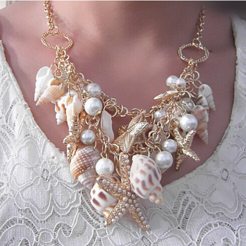 Conch Shell Starfish Simulated Pearl Necklace Sweet Fashion Sea Star Starfish Plated Multitiered Necklaces & Pendants For Women