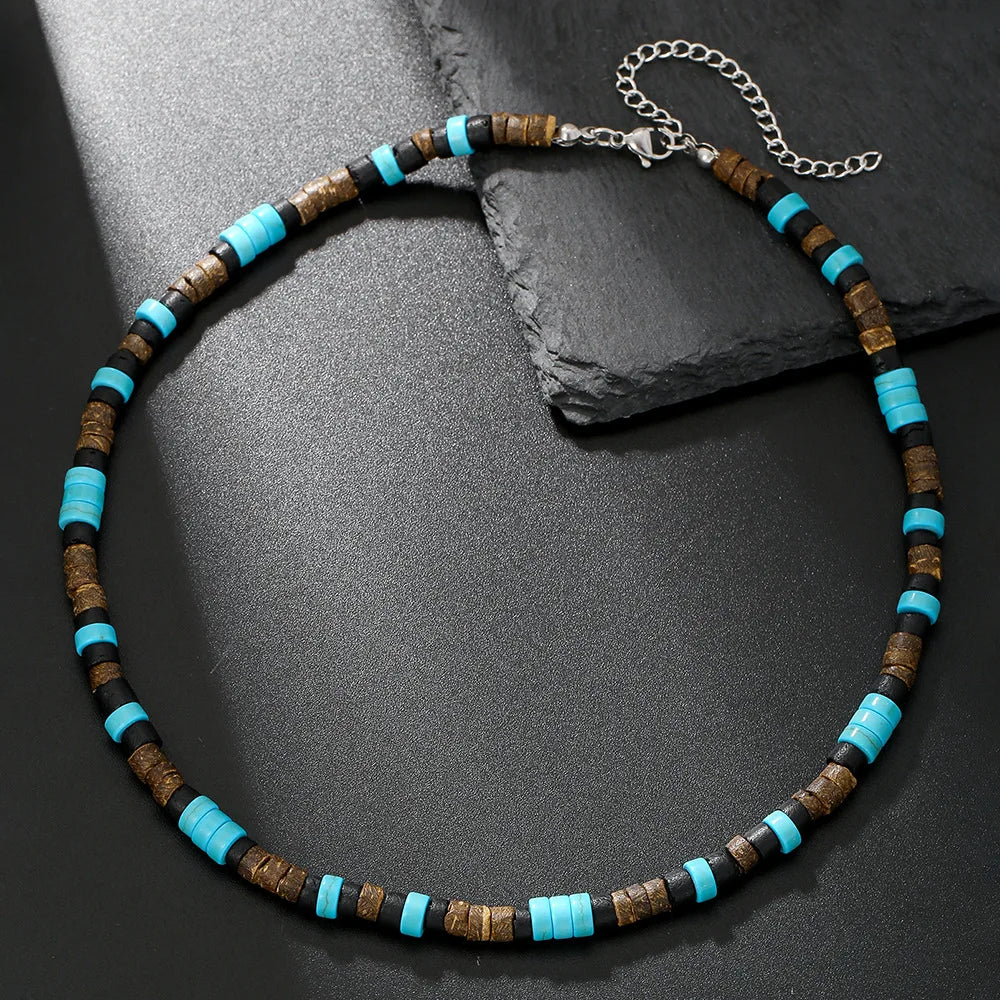 Coconut Shell, Turquoise and Wood Bead Boho Necklace for Men