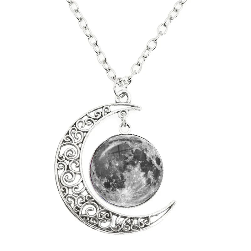 Lunar Phase Glass Dome Pendant Necklace, Full Moon & Eclipse Talisman