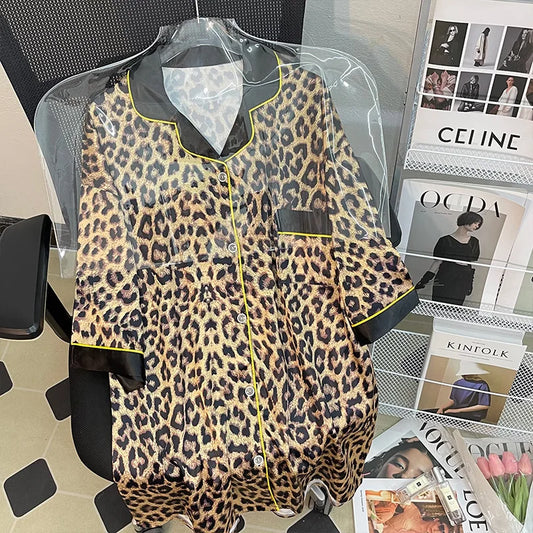 Women Sexy Leopard Print Nightgown Lapel Short Sleeve Satin Silk Cardigan Nightdress Hot Nighty Summer Nightgowns Mini Pajamas - Charlie Dolly