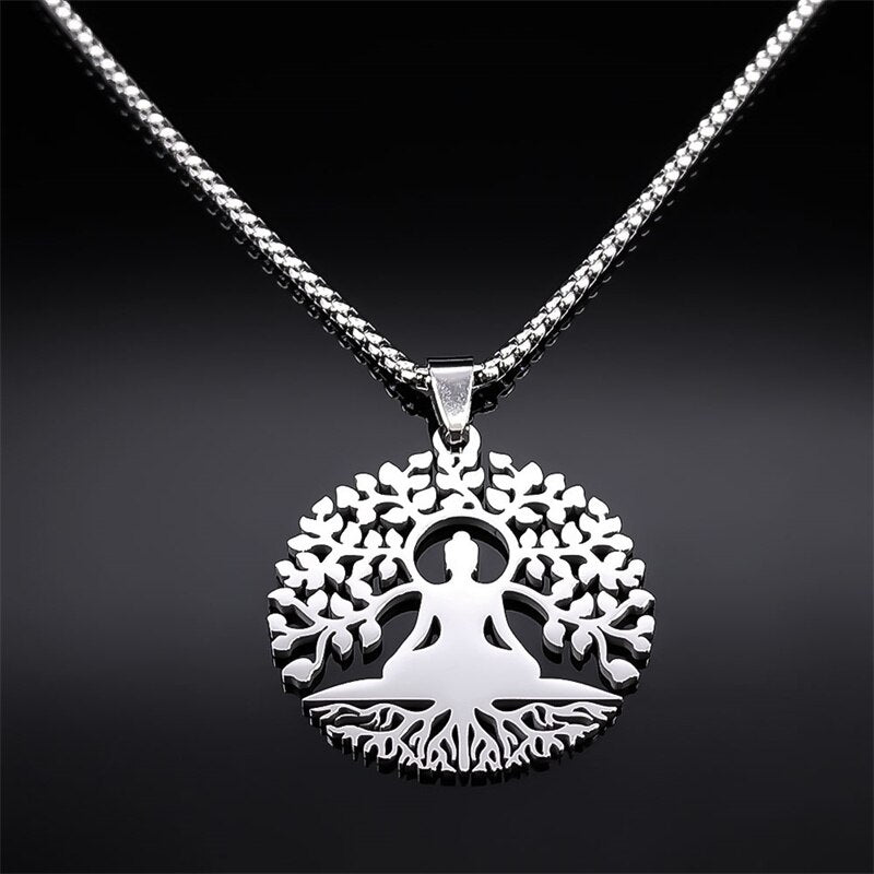 Buddhism Meditation Buddha Yoga Pendant Necklace Stainless Steel Tree of Life Necklace Buddhist Jewelry collares para mujer
