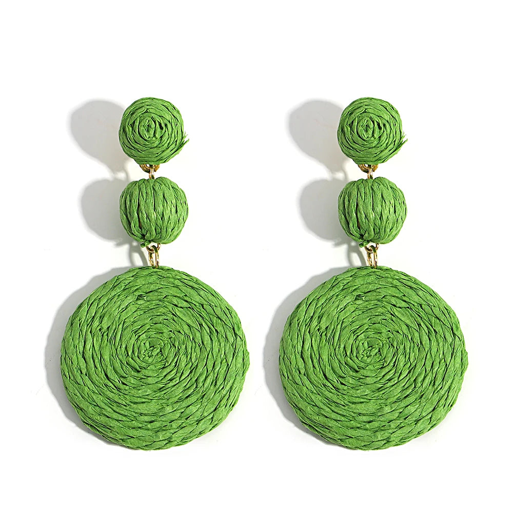 Yellow Raffia Knit Round Drop Earrings Jewelry