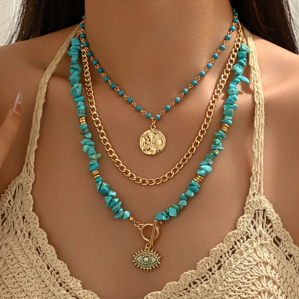 Turquoise Chip Evil Eye Moon Layered Set Jewelry