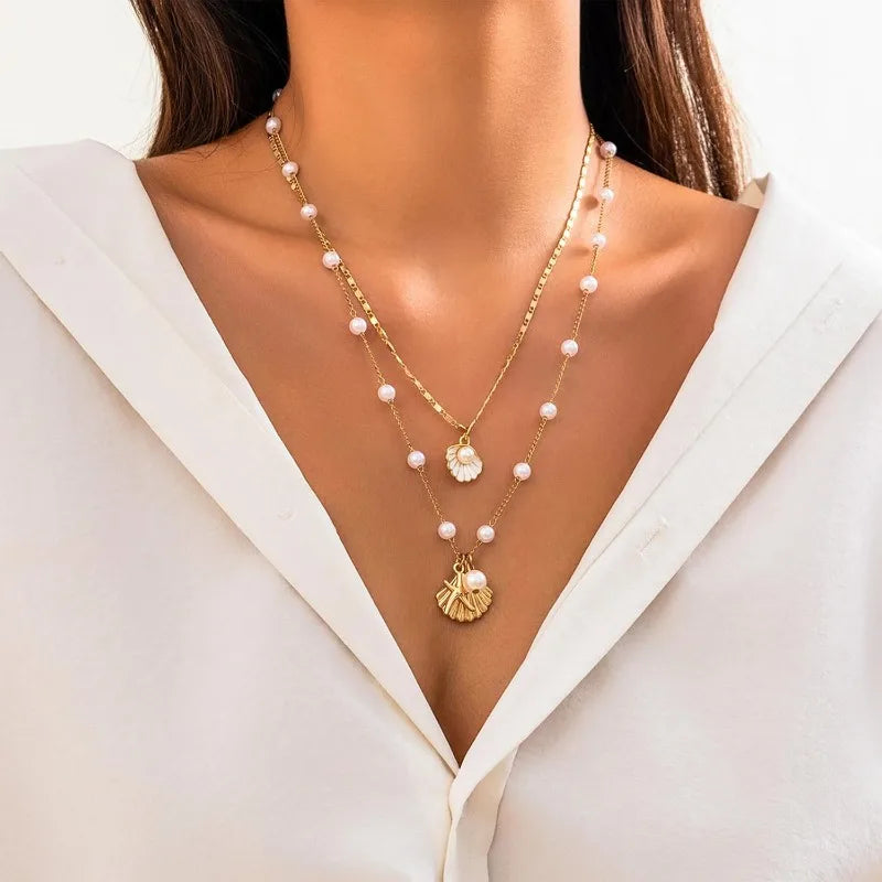 Gold Seashell and Starfish Layered Pendant Necklace