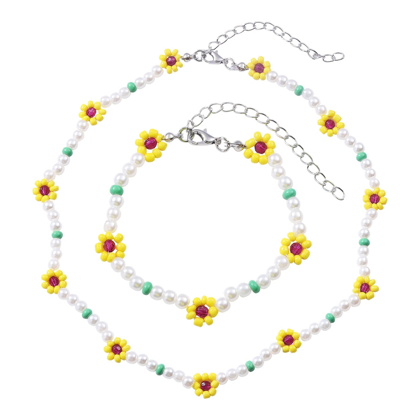 Dvacaman Boho Handmade Sunflower Beaded Necklace For Women Fashion White Imitation Pearl Choker Necklace INS Jewelry Accessories