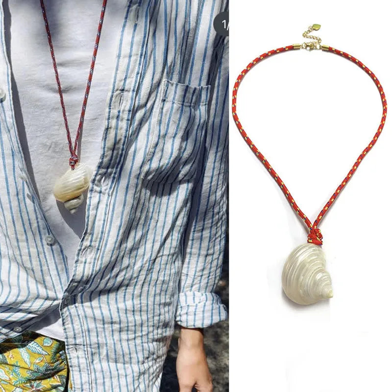 Vacation Conch Shell and Blue Rope Boho Pendant Necklace