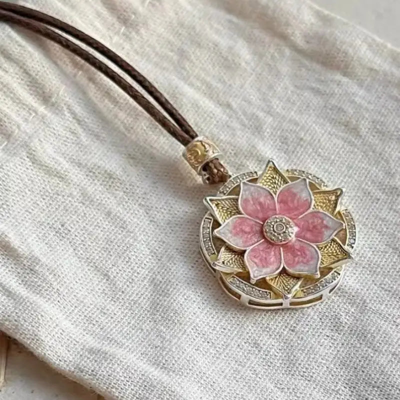 Retro Chinese Lotus Pendant, Vintage Metal Boho Talisman Necklace