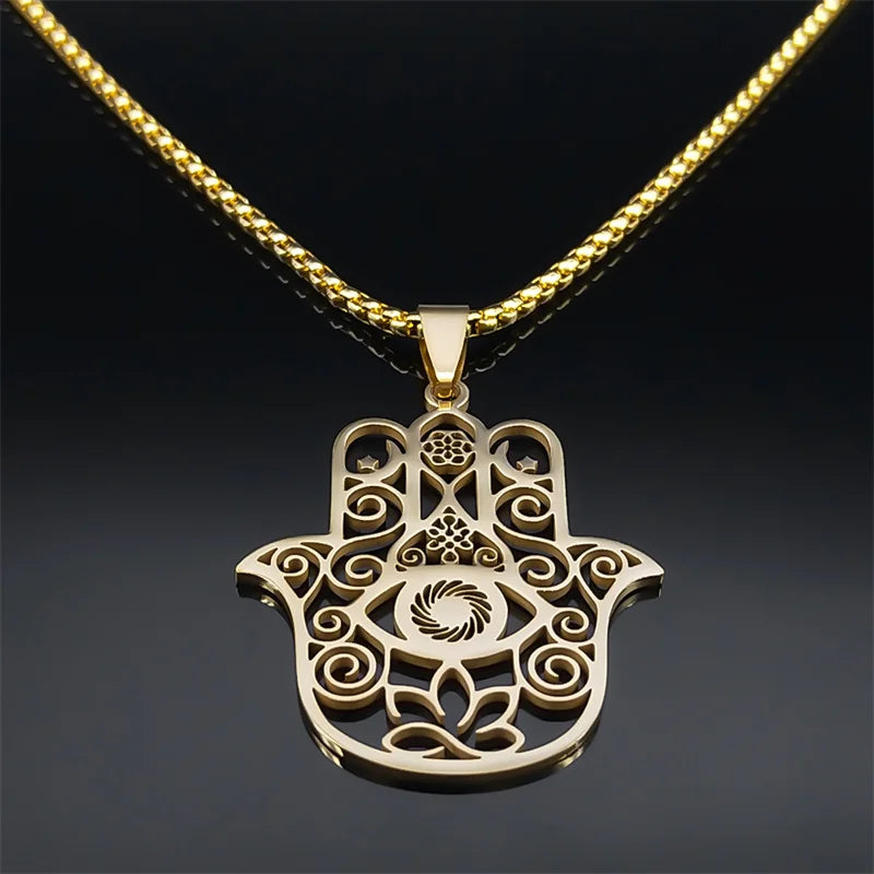 Flower of Life & Hamsa Hand Pendant, Om Lotus Eye Sacred Talisman Necklace