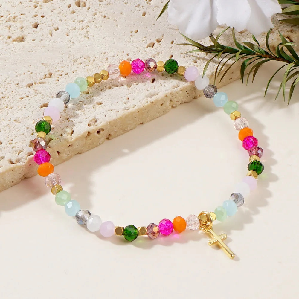Cross Charm Crystal Beaded Bracelet