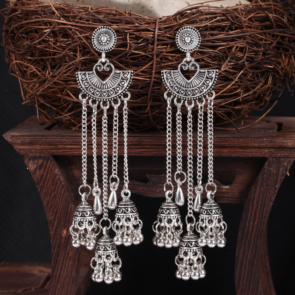 Vintage Bohemian Ethnic Style Earrings Long Rice Bead Tassel Earrings FOR WOMEN Alloy Dripping Oil Long Tassel Earrings - Charlie Dolly