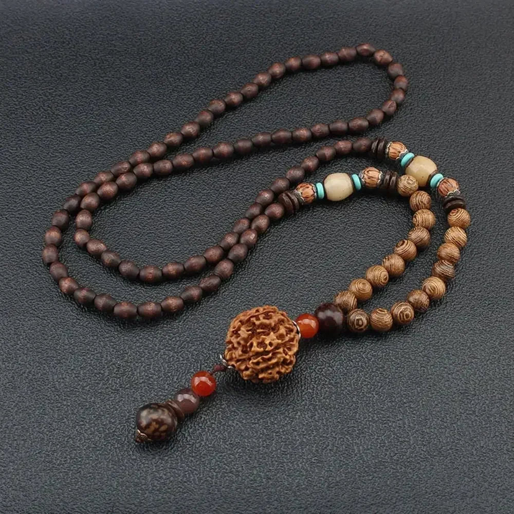 Nepal Wood Bead Mala Pendant Necklace Jewelry