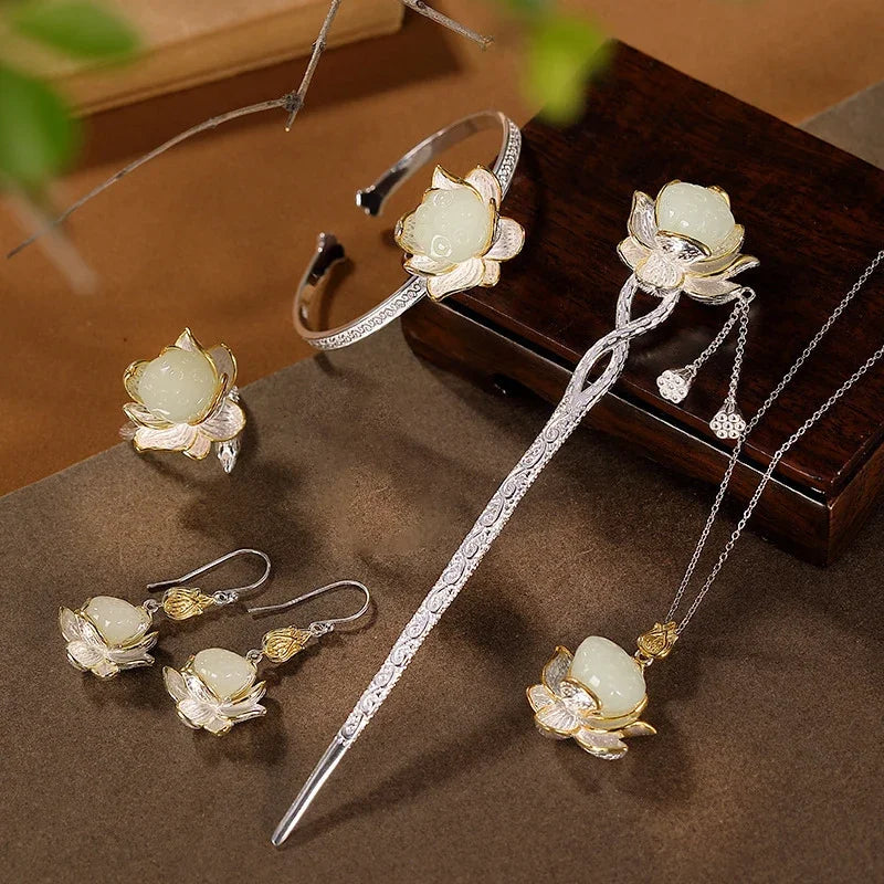 Natural Hotan Jade Lotus Flower Jewelry Set, Necklace Ring Bracelet Hairpin Boutique