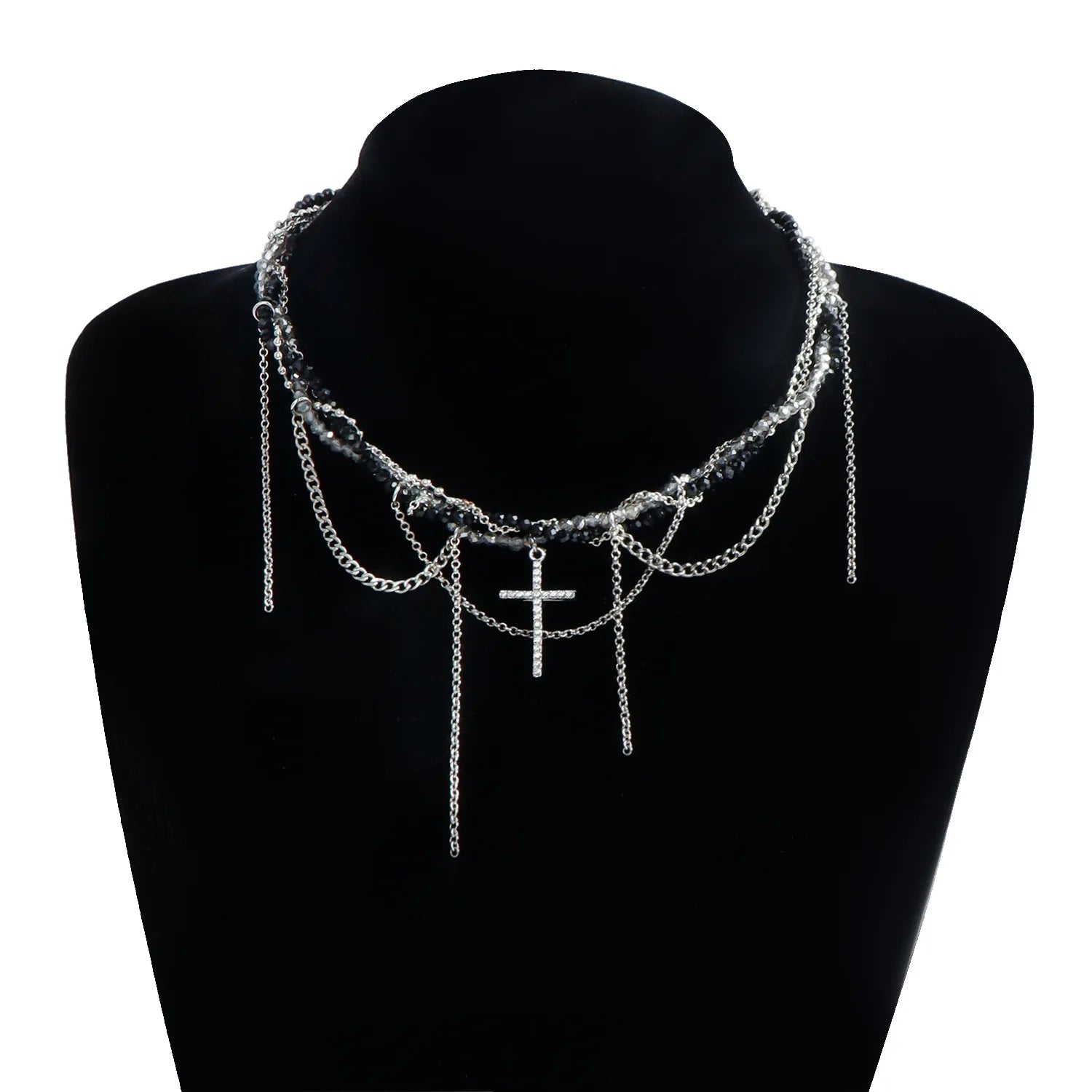 Cross Pendant Crystal Bead Choker Necklace Jewelry