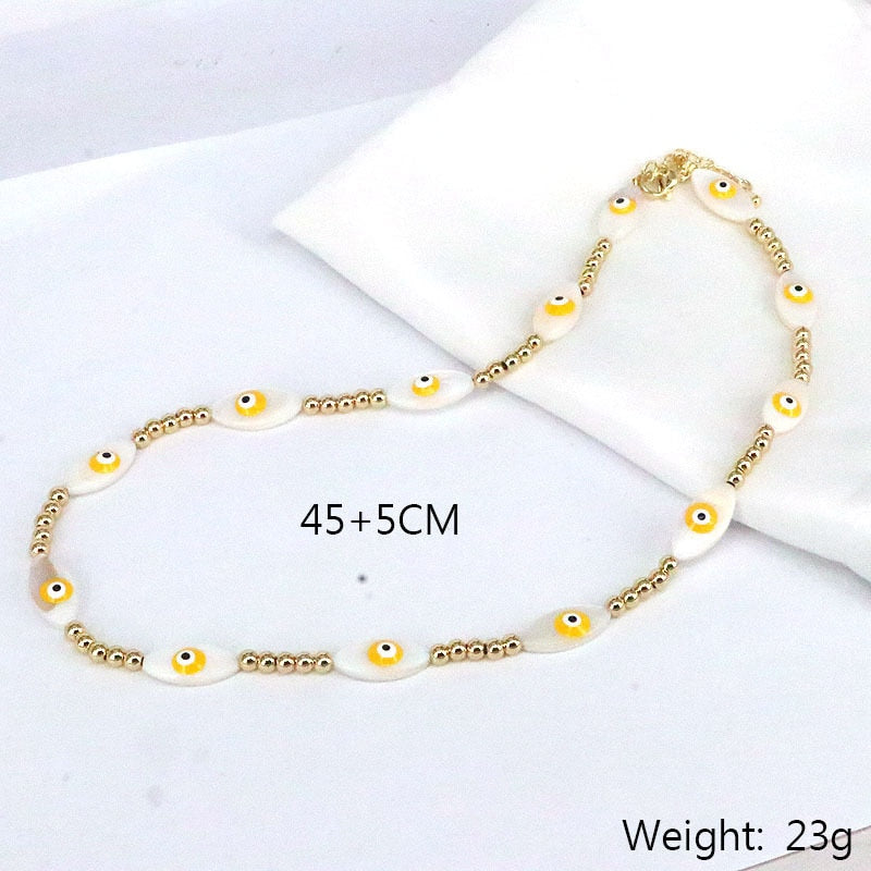 Vlen Boho Turkish Evil Eye Necklace Jewelry for Women Gold Color Beaded Choker Necklaces Natural Shell Lucky Hamsa Hand Collar