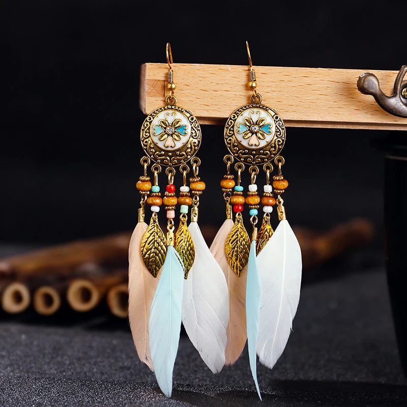Carved Leaf Feather Bead Long Tassel Earrings Jewelry