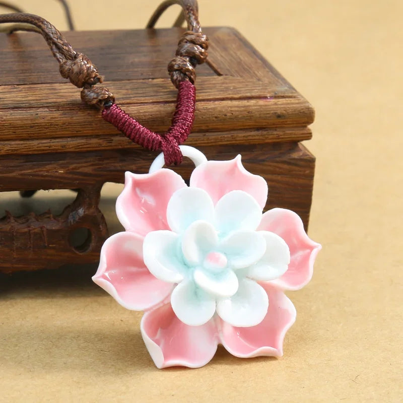 3D Ceramic Lotus Flower Pendant Boho Necklace, Handcrafted Sacred Bloom