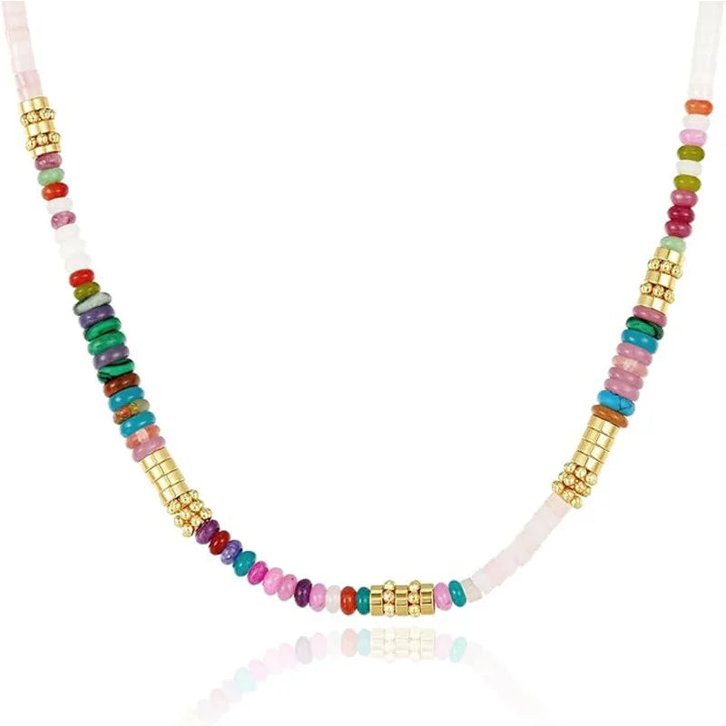 Colorful Boho Natural Stone Surfer Beach Choker 6mm Beaded Gemstone Necklace for Women 14K Gold Plated Handmade Jewelry - Charlie Dolly
