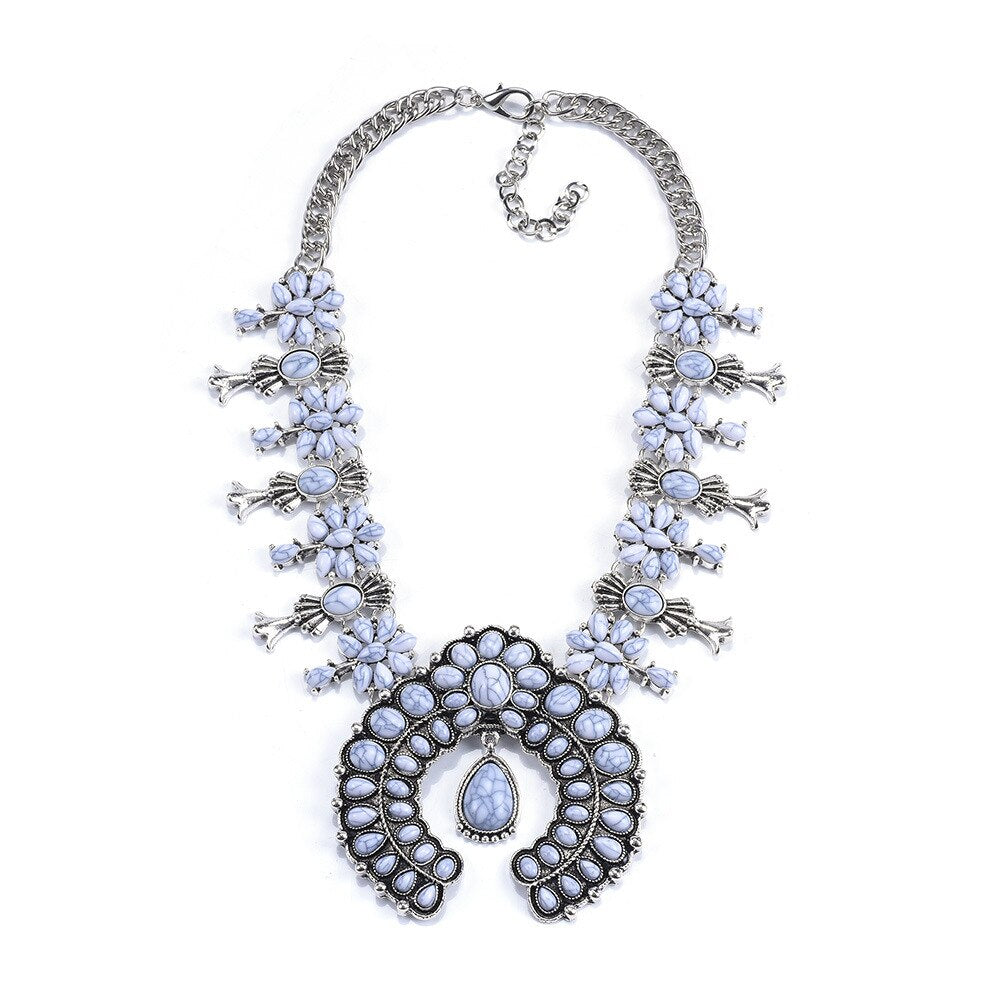 Western Jewelry American Tribal Big Chunky Bold Statement Accessories Femme Squash Blossom Turquoise Necklace for Women