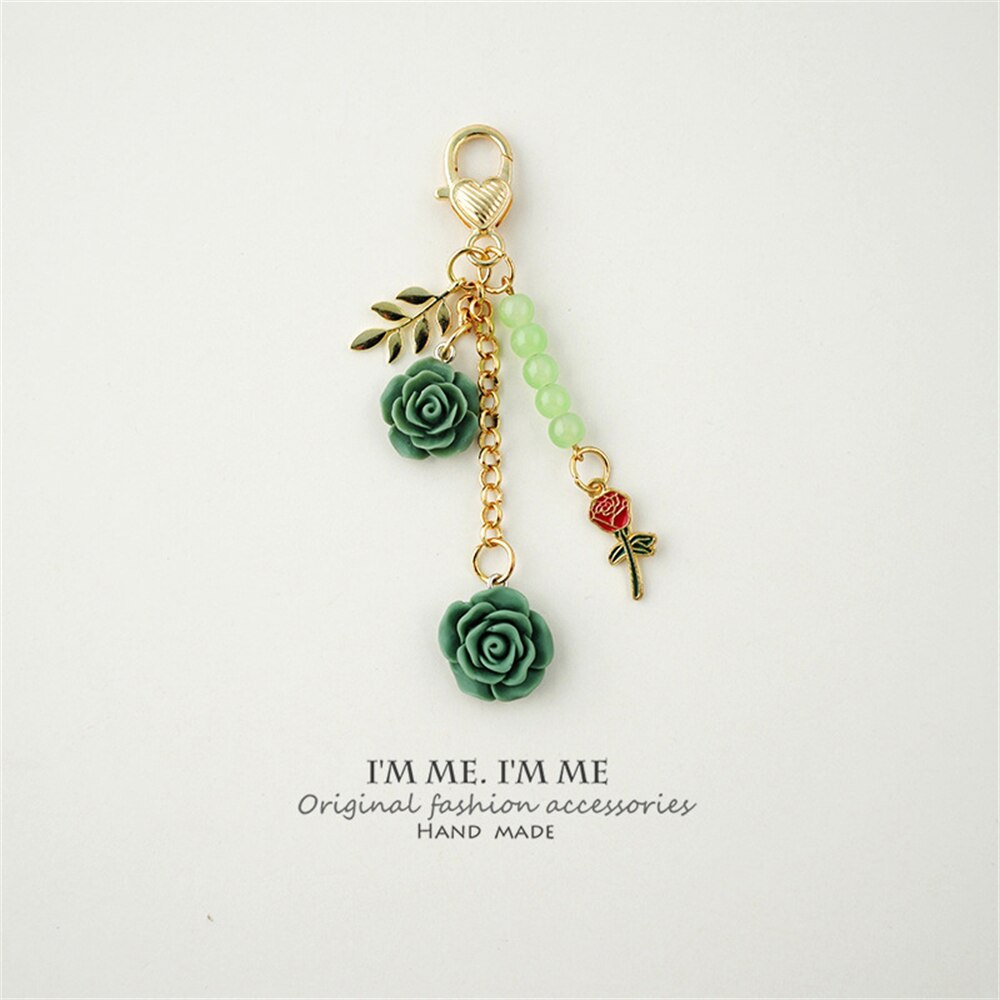 8colors 3D Rose Camellia Keychain Women Girls Sweet Pearl Tassel Flower Keyring With Metal Leaf For Earphone Case Bag Decoration
