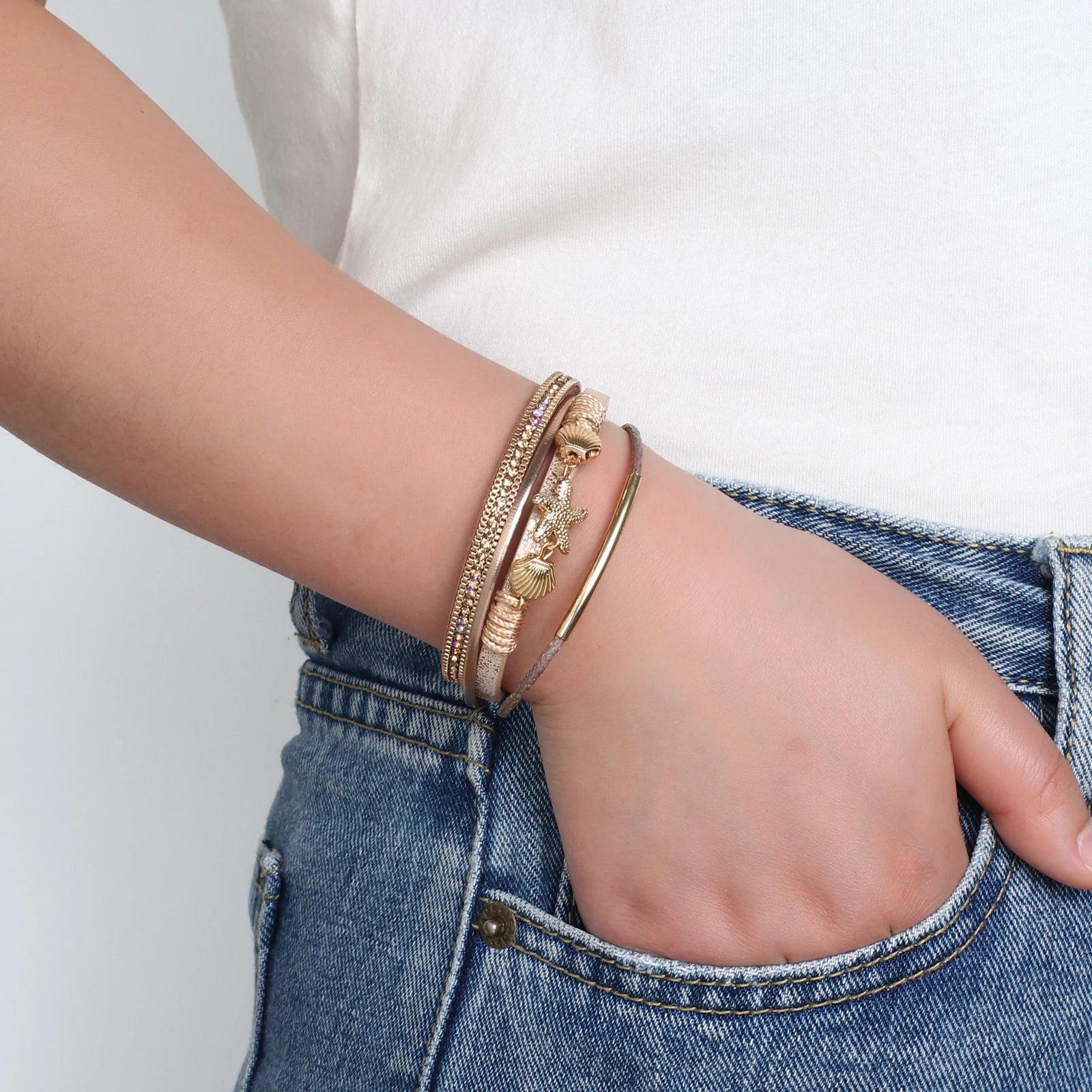 Starfish Shell and Crystal Bead Leather Boho Bracelet