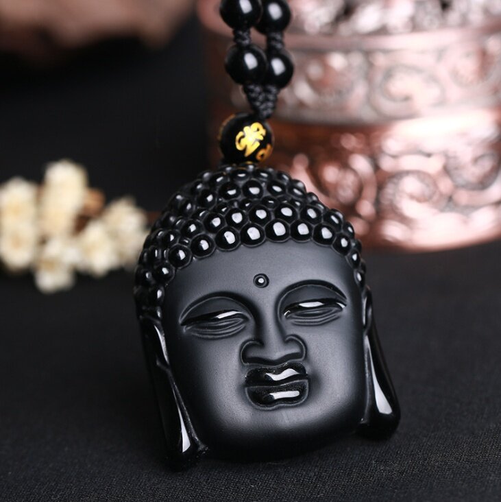 Fashion Frosted Obsidian Sakyamuni Buddha Head Charm Men and Women Amulet Necklace Buddhist Religious Jewelry