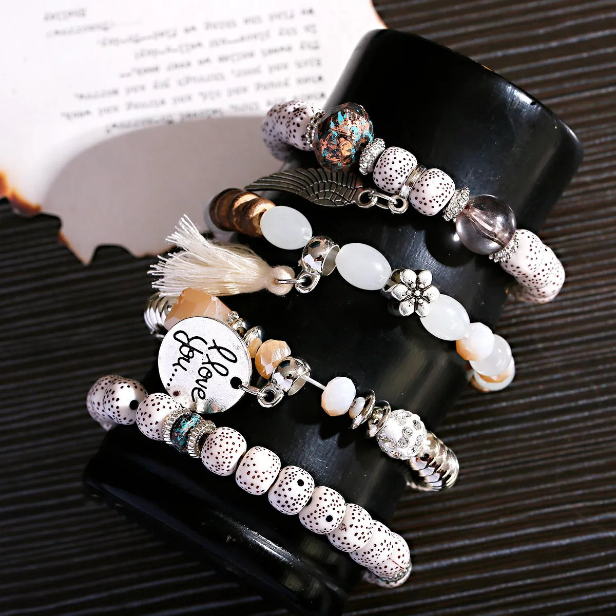 New Bohemian White Beads Tassel Bracelets Set Women Natural Lava Stone Alloy Wing Pendant Charm Bangle Boho Jewelry - Charlie Dolly