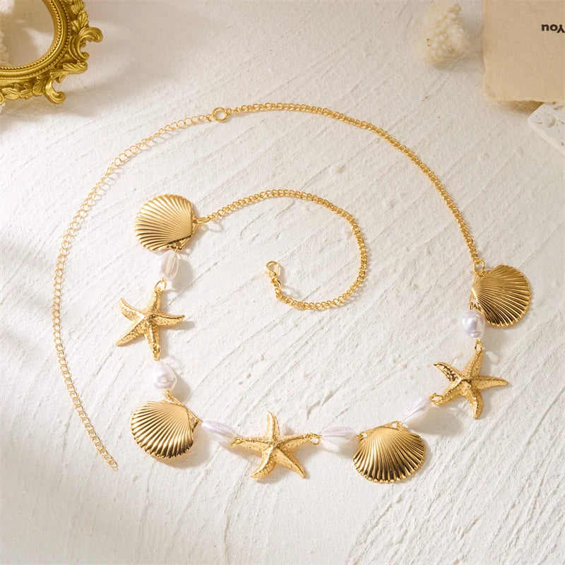 Metal Starfish, Shell and Pearl Boho Waist and Belly Chain