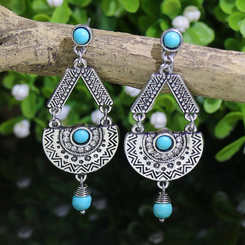 53 Styles Bohemian Vintage Tibetan Silver Geometric Drop Earrings For Women Ethnic Blue Stone Tassel Dangle Earrings Jewelry