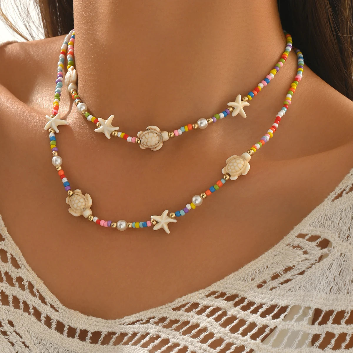 Turtle Starfish Beaded Layered Choker Necklace Jewelry