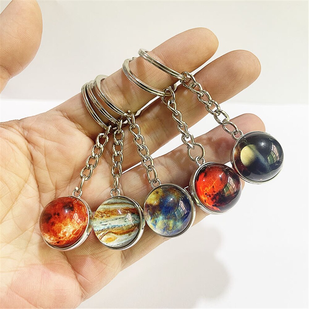 Glow In The Dark Solar System Galaxy Planet Keychain Jupter Moon Earth Mars Sun Nebula Double Side Glass Ball Key Chain Pendant