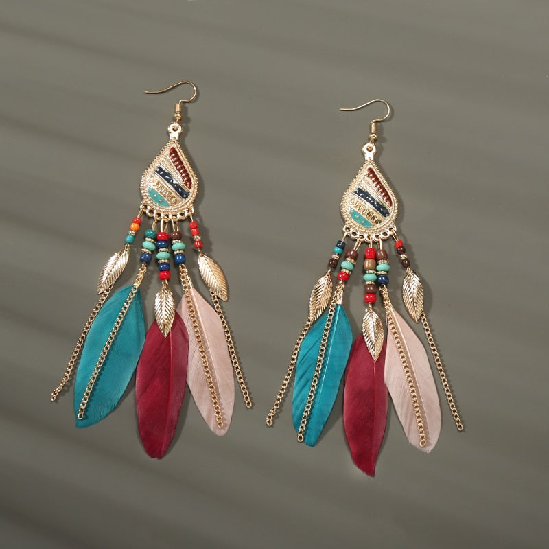 Boho Long Feather Dangle Women's Earrings Beach Long Tassel Beads Handmade Flower Enamel Earrings Bride Wedding Pendientes Mujer