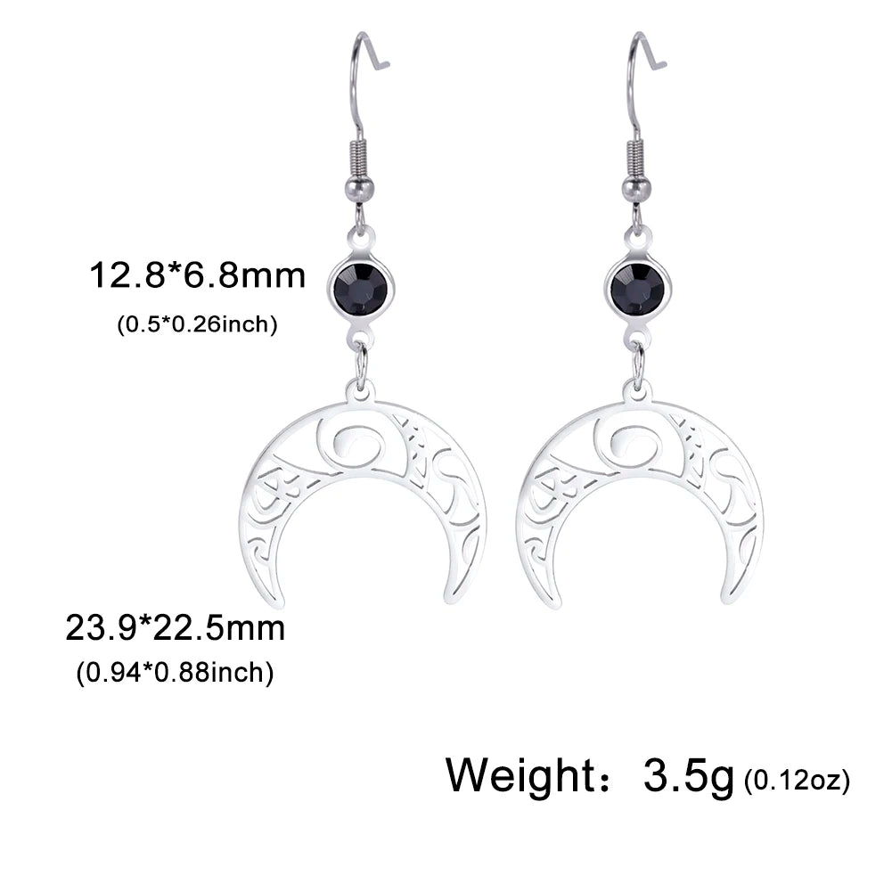 Triple Moon, Rune & Pentagram Hoop Earrings, Stainless Steel Witchy Amulet