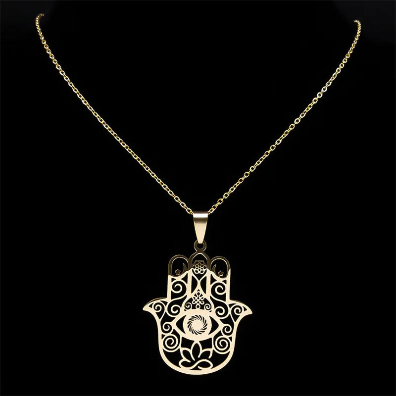 Hamsa Hand of Fatima & Lotus Interfaith Necklace, Muslim & Jewish Sacred Talisman