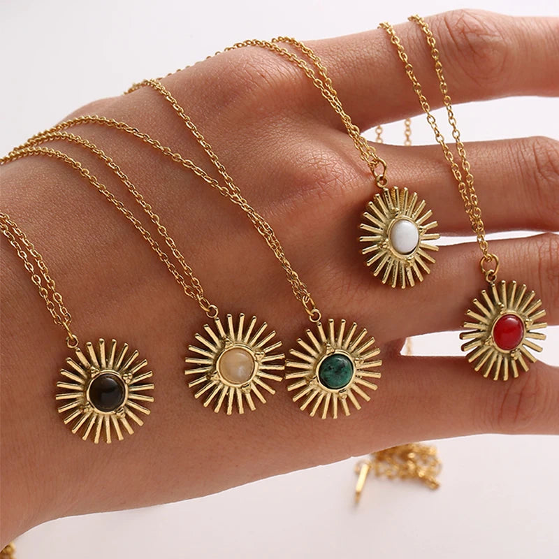 Boho Natural Stone Sun Flower Necklace for Women Bohemian Retro Stainless Steel Necklace Choker Necklaces Fashion Jewelry - Charlie Dolly
